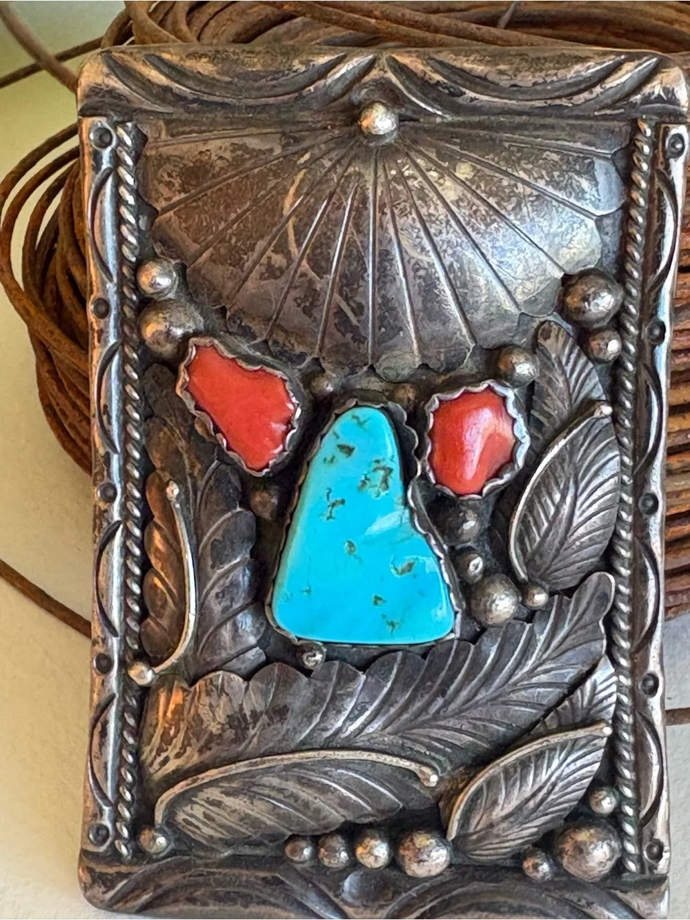 Sterling Silver Turquoise & Coral Inlay Western Belt Buckle Vintage E. Spencer